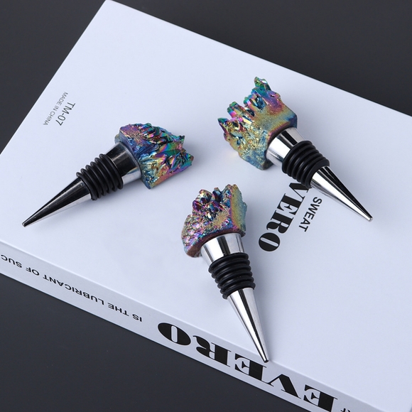 Boho Rainbow Aura Oil Slick Titanium Amethyst Quartz Crystal Wine Bottle Stopper - Picture 7 of 16